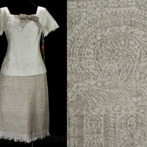 Size 6 Tailored Dress - 1960s Neutral Silk Dupioni & Jacquard Brocade - Gorgeous 60s Office Wear - Dated 1964 Deadstock NWT - Bust 35.5