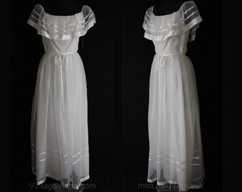 White Summer Dress - Small Innocent Garden Party Evening Frock - Sheer Organdy & Satin Ribbon - Waist 24.5 - Deadstock - 34860