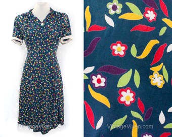 Large 1930s Rayon Dress - Authentic 30s Slate Blue Floral Print - Colorful Deco Spring Summer Flowers - As Is Holes - Size 12 Petite Bust 41