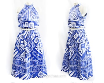 Tribal Sun Dress - Size 6 Summer Full Skirted Frock - Periwinkle Blue & White Cotton - Blouson Faux Halter with Border Print - Waist 26