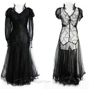 1930s Evening Dress - XXS Black Net & Soutache 30s Party Gown with Custom Made Matching Slip - Dramatic Diva Ruffle Collar - Size 2 Bust 32