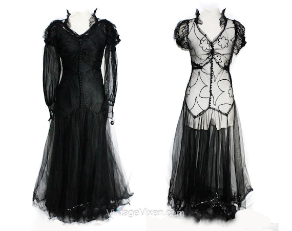 1930s Evening Dress - XXS Black Net & Soutache 30… - image 1