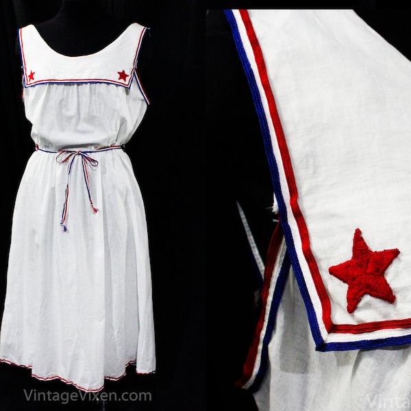 4th of July Dress - 19400s USO Pin Up Girl - Large Size 12 50s Summer Frock - Patriotic Red White & Blue - Nautical Sexy Sailor - Bust 38.5