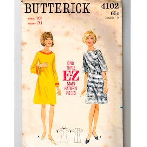 1960s Dress Sewing Pattern - 60s Misses XS Bust 31 - Belled Half or Long Sleeve - Mod A Line Boat Neck Sheath - Complete Butterick 4102