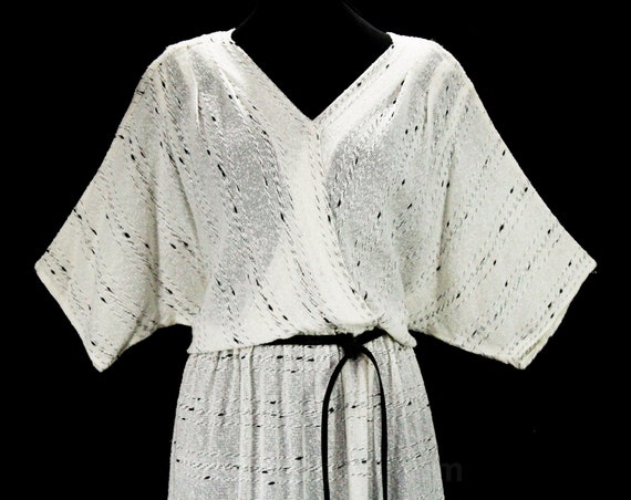 Large Boho Dress - 1970s 80s White & Black Openwo… - image 2