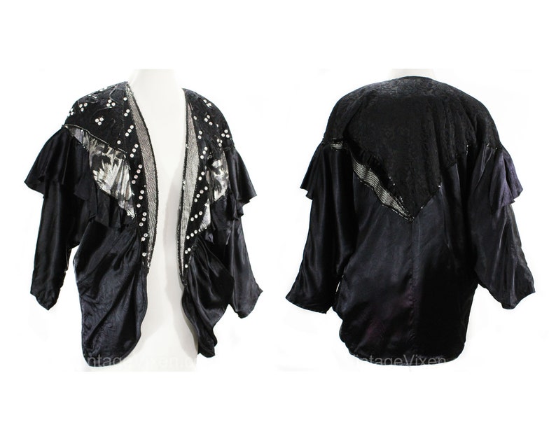 Artsy Asymmetric Velvet and Rhinestones Size 16 Party Girl Outfit 1990s Black Satin 3 Piece Set 50010 Tank Top /& Jacket with Skirt