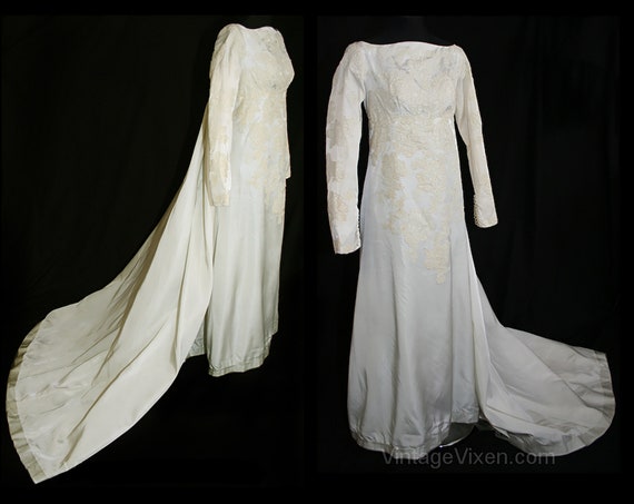 1950s Wedding Dress with Lace Bodice & Watteau Tr… - image 1