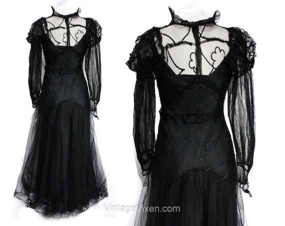 1930s Evening Dress - XXS Black Net & Soutache 30… - image 10