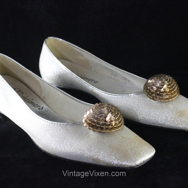 Size 8 1/2 Silver Shoes - 1960s Metallic Flats - Space Age 60s with Mod Sequined Half Spheres - Mid Century Evening Shoes - 8.5 Narrow As Is