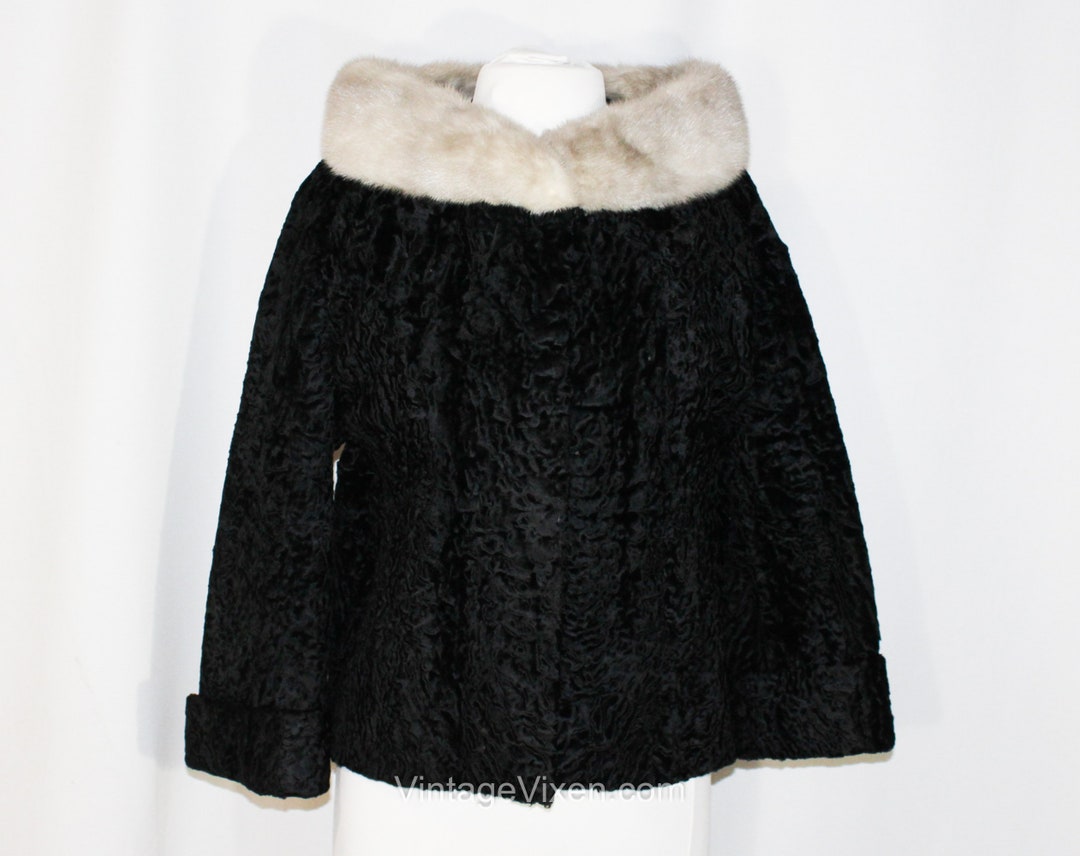 Small 1960s Black Burnout Velvet Tibetan Lamb's Fur Jacket