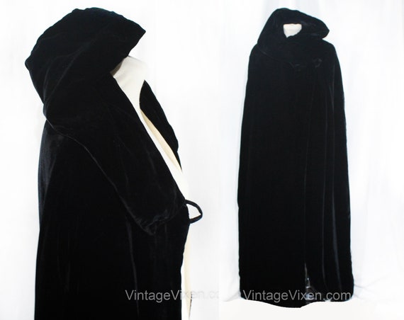 1930s Black Velvet Cape with Hood - Small Medium … - image 1
