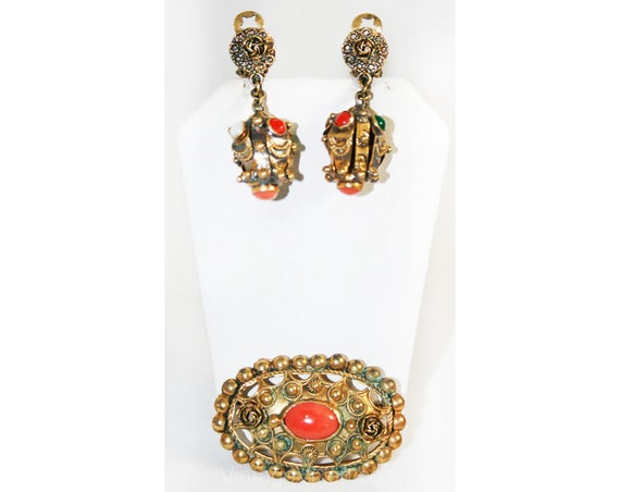 10KT Gold Filled Earrings & Brooch Set - Antique Style 1940s Orange Carnelian Demi Parure - 40s Italian NIB Deadstock - Oval Pin - 40265