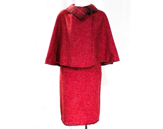 Size 6 Raspberry Wool Cape & Skirt Suit - 1950s 6… - image 1