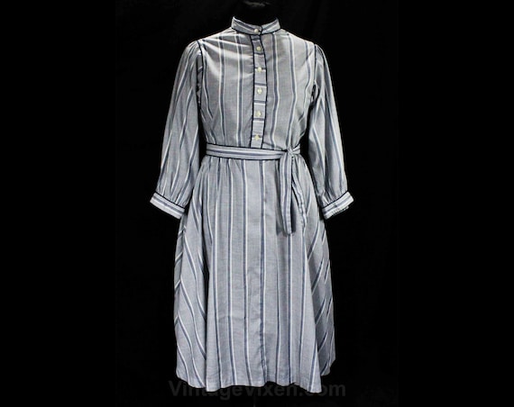 Striped Blue Dress - 1980s Preppie Cotton Shirtdr… - image 1