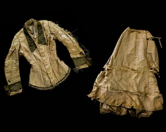1880s Victorian Dress Set - As Is Hourglass Bodice & Bustled Skirt - Authentic Antique - Taupe and Silk Satin - Bust 34 Waist 23 Size 0