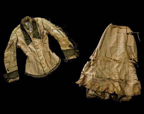 1880s Victorian Dress Set - As Is Hourglass Bodice & Bustled Skirt - Authentic Antique - Taupe and Silk Satin - Bust 34 Waist 23 Size 0
