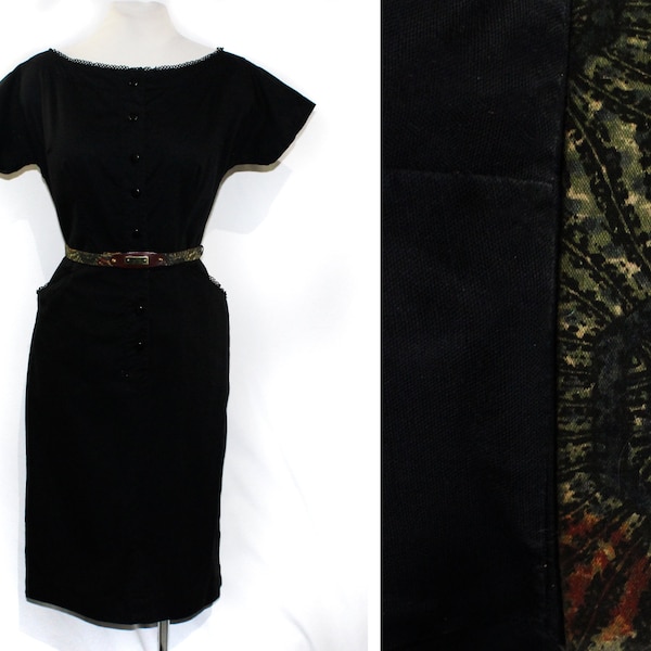 Small 1950s Black Dress - Fitted Summer Cotton - 50s Girl Next Door Tailored Classic with Roger Van S Tribal Print Belt - Size 4 Waist 25