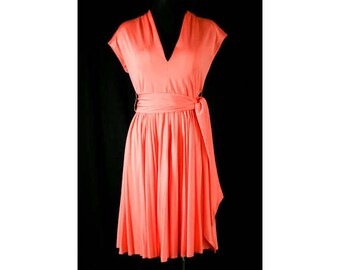 Size 8 1970s Designer Coral Jersey Dress - Posh Orange Cocktail by Shannon Rodgers - Jerry Silverman - NWT Deadstock - Bust 35 - 40555
