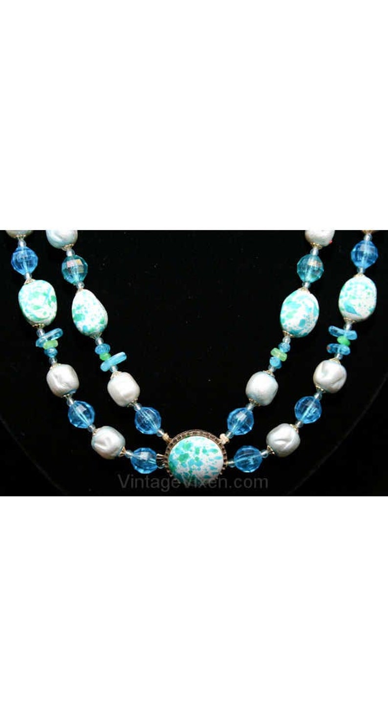 Double Strand Spring Green and Blue Hong Kong FINAL SALE Resort Chic 1960s Turquoise Speckled Necklace /& Earrings Secretary Chic