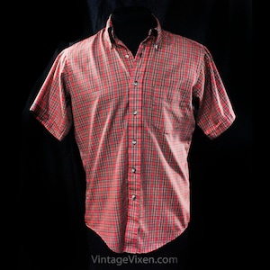 1960s Men&#39;s Plaid Shirt - Size Medium Tartan Cotton Short Sleeve Preppy 60s Mens Oxford Button Top - Red Green Black Blue - Chest 42