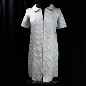 1960s Silver Mini Dress - Size 8 Metallic Mod 60s A-Line Cocktail - Medium Party Sheath Striped Zip Front Can Be Worn As Jacket - Bust 34.5