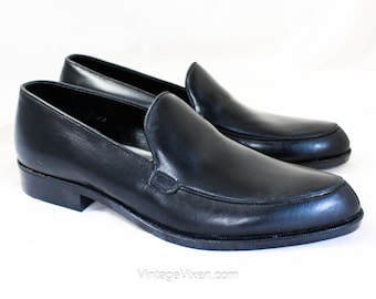 Boy's Dress Shoes - Size 5 Black Leather Shoe - 1950s 60s Preteen Teen Youth Dark Slip-On Shoe - Collegiate Preppy 50s Deadstock NIB