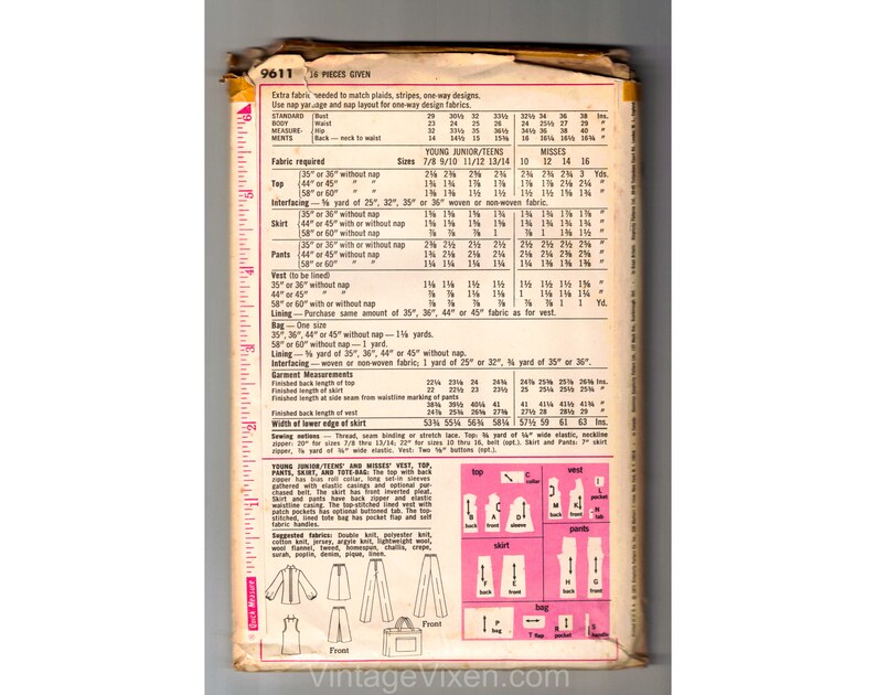 May include: A vintage sewing pattern for a dress, skirt, pants, and bag. The pattern includes instructions and fabric requirements for sizes 7/8 to 16. The pattern is printed on a white background with pink and black text.