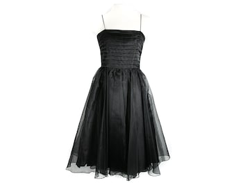 XS Black Party Dress - 1950s Look Shimmery Organza Fit & Flare Cocktail - 1990s LBD - 260 Dollars Original Tag - Size 2 Bust 32 - 31521