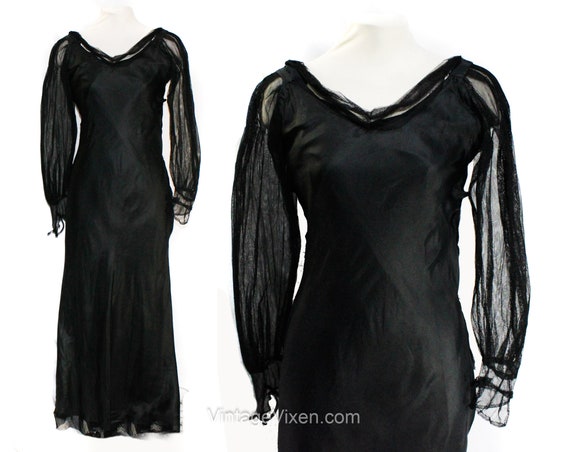 1930s Evening Dress - XXS Black Net & Soutache 30… - image 9