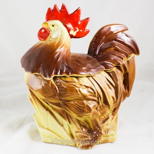 Chicken Cookie Jar - 1940s 50s Rooster Glazed Ceramic McCoy Kitchen Canister - Brown Red Yellow - Two Piece MCM Farmhouse Made in USA