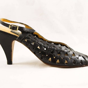 Size 10 Narrow Shoes - Sexy 1980s Brazilian Peep Toe Sandals - Black Cutout Leather Huarache Style - 3 Inch Heels - Unworn 80s Deadstock