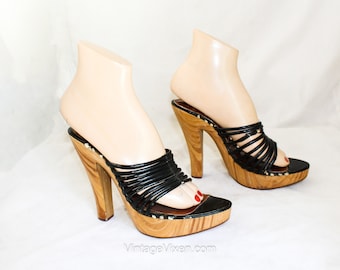 As Is 1970s Shoes - Sexy Black Ribbed & Solid Wood 5 Inch High Heels - Size 8 1/2 Resort Platform Sandal - Brazilian Label 8.5 Needs Restore