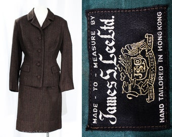 Size 8 50s Tweed Suit - Dark Brown Pinstripe 1950s 60s Tailored Jacket Skirt - Gorgeous Forest Green Stripe - Satin Lining - Waist 27 51678