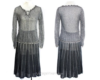 1970s Silver Dress Set - 1930s Inspired Metallic Chainmail Openwork Knit Top & Gunmetal Gray Skirt - NOS Deadstock - Size 8 Medium Bust 35