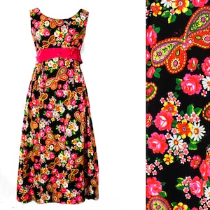 Size 6 Paisley Butterfly Maxi Dress - Bohemian 70s Sleeveless Ankle Length Gown - Black Green Pink Orange Psychedelic with Velvet - Bust 35