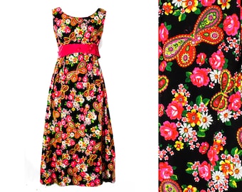 Size 6 Paisley Butterfly Maxi Dress - Bohemian 70s Sleeveless Ankle Length Gown - Black Green Pink Orange Psychedelic with Velvet - Bust 35