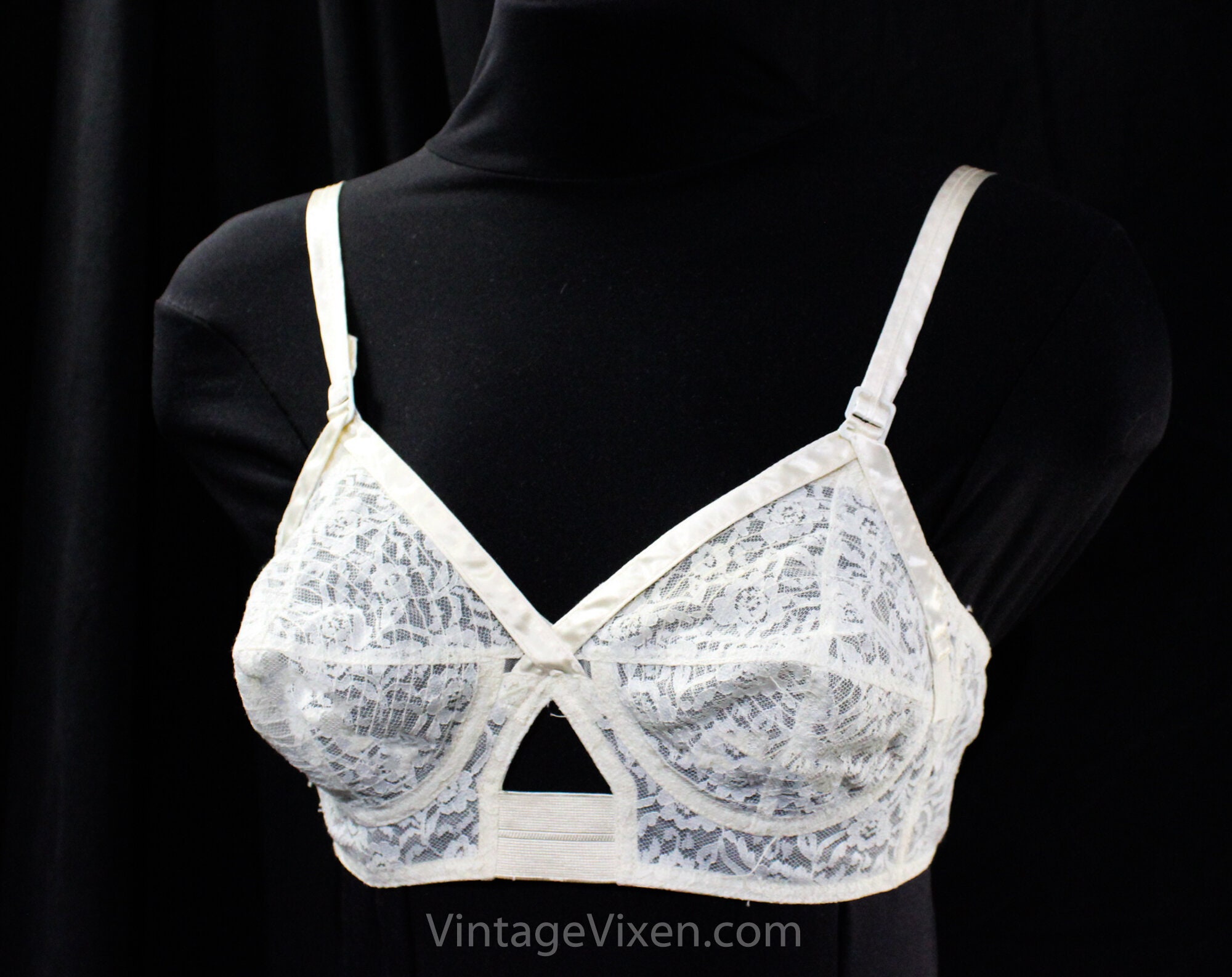 32B 1950s Rocket Bra Sexy Sheer White Lace & Circular Stitching