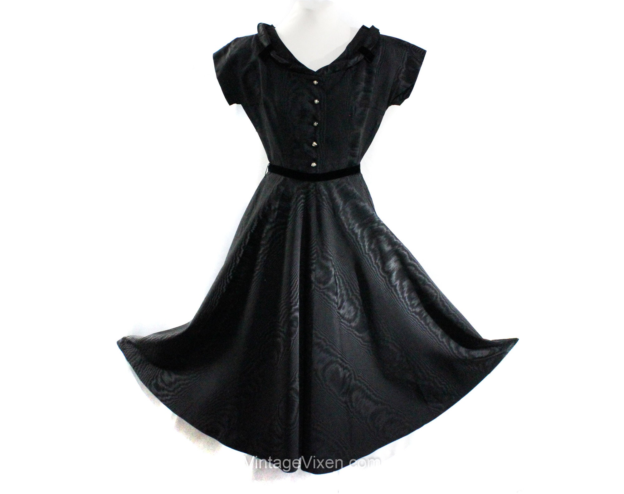 1940S Black Dress - Gorgeous Small 40S 50S Moire Taffeta Party Frock Post Wwii Cocktail With Velvet Trim New York Label Waist 25