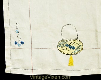 Asian Lanterns Tablecloth - 40s 50s Eastern Garden Origami Lights Embroidery on Square Linen Bridge Table Cloth - Yellow White Blue Pockets