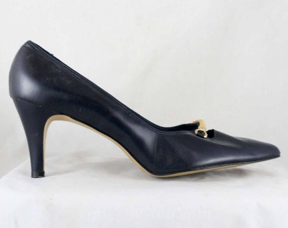 Size 8 Navy Shoes - 1950s 1960s Dark Blue Heels b… - image 1