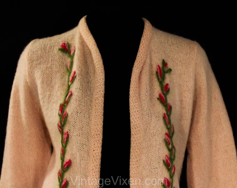 Size 6 Pink Mohair Cardigan Sweet Spring 60s Knitted Jumper Bust 34 1960s Small Pastel Open Front Sweater with Flower Bud Embroidery