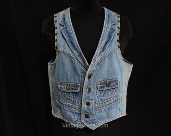 1970s Denim Vest by Rock N Roll Label Peter Golding - 70s Hippie Biker Style Blue Denim with Studs - From Ace London Chelsea - Size 8