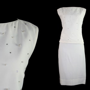 1950s Bombshell Dress - Size 10 White Crepe Cocktail Top & Skirt - 50s Marilyn Chic - Rhinestones and Pearls - NOS NWT Deadstock - Bust 37.5