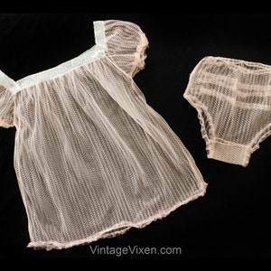 1960s Baby Doll Nightgown & Panty Set - Pretty Pink 60s Pin Up Girl Sheer Nightie with Ruffle Panties - See Through Nylon - Bust 34 to 36