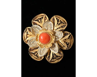 10KT Gold & Silver Filigree Pin with Carnelian Detail - Made In Italy - Airy Metalwork 50s Brooch - Orange - Italian - Deadstock - 40130-1