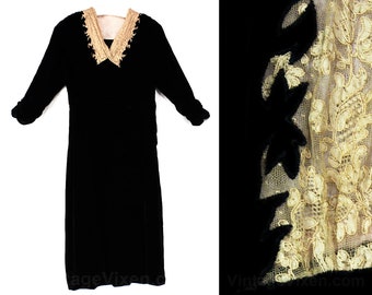 Auténtico vestido de los años 30 - Hermoso vestido de terciopelo negro talla 8 - Cuello de encaje desgastado - Vestido de cóctel de los años 30 - Vestido de noche de la época de la Gran Depresión - Busto 37