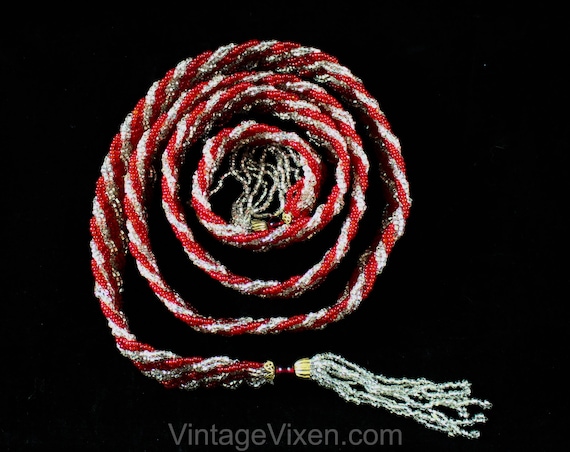 Beaded Braid Belt With Tassels - Red & Silver Glass Beads  display picture 1