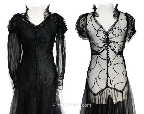 1930s Evening Dress - XXS Black Net & Soutache 30… - image 2