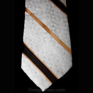 Wide 1970s Tie - Khaki Tan, Black & White Striped Men's Polyester Necktie by Prince Igor - 70s Geometric Brocade - Over 4 Inches Wide