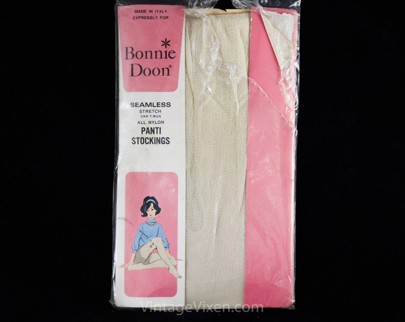 1960s Pale Beige Pantyhose Made In Italy for Bonnie Doon Small 60s Seamless Sheer Nylon Panti Stockings Original Pkg NIP Deadstock image 3